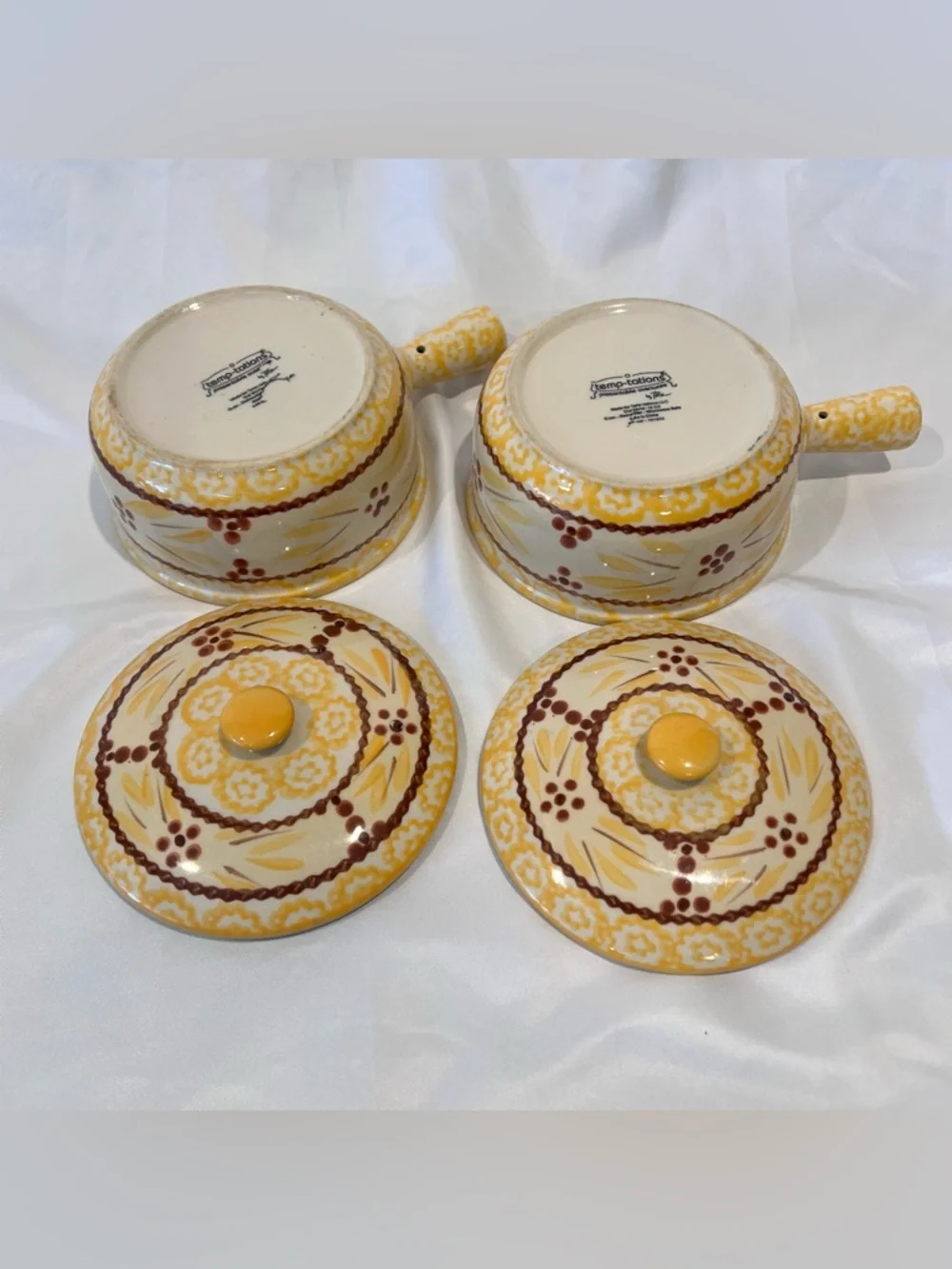 Temp-tations by Tara Old World Soup Crock Bowls Set of 2 w/ Lids Yellow Floral